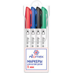 Набор маркеров для белой доски "Attomex" (04 цв - красн, син, черн, зел) круглый корпус с клипом, пулевидный наконечник, ширина линии 3 мм, в картонном блистере